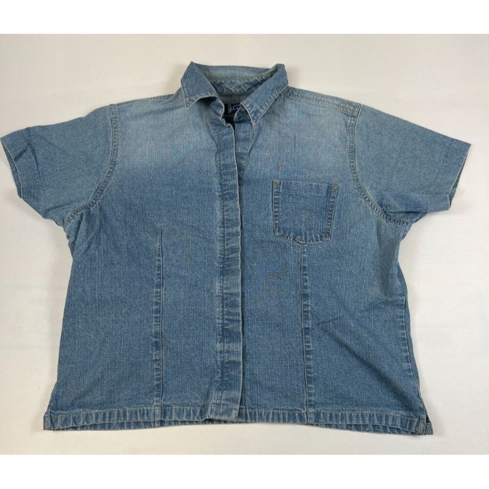 Wrangler Blues Womens Large Blue Denim Short Sleeve Button Down Western Shirt